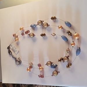 Chicos Wire 3 Triple Strands Beaded Necklace 18” Blue Gold Silver